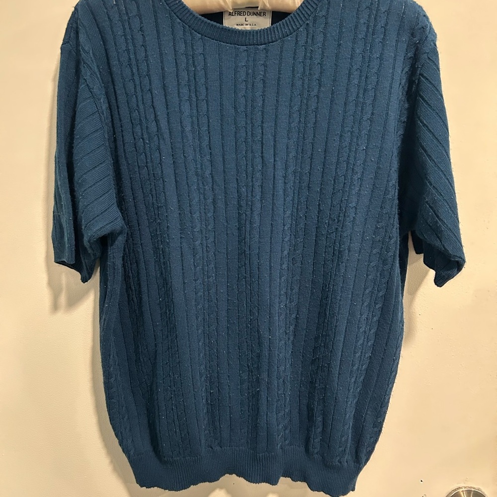 Alfred Dunner Blue Crewneck Ribbed Acrylic Vintage Style Short Sleeve Sweater